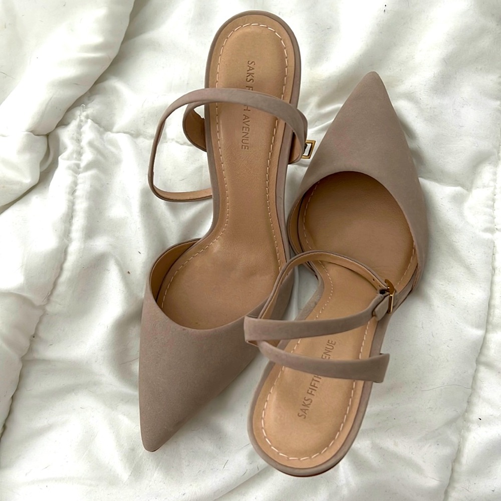Saks fifth avenue suede closed toe acrylic heel